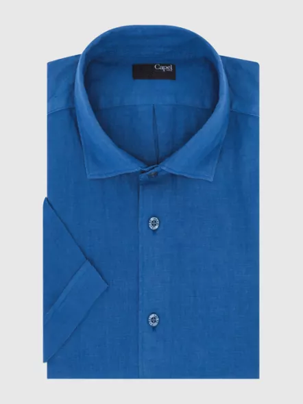 Tee-shirt manches courtes en lin col V uni bleu chambray